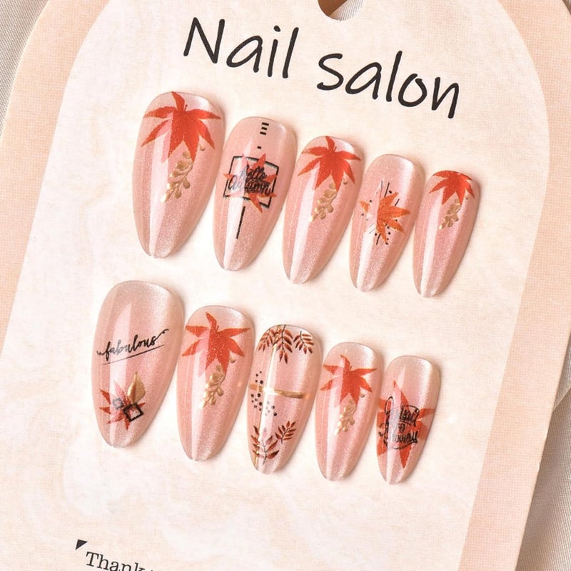 SEENEEY Thanksgiving Medium Long Press on Nails Almond Fake Nails Nude Artificial Nail Red Maple Leaves Designs Stick on Nail for Women 24pcs - Image 4